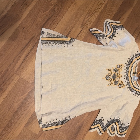 Ivy Jane Boho 100% Linen Cream Tunic with Black and Yellow Embroidery - Picture 2 of 5